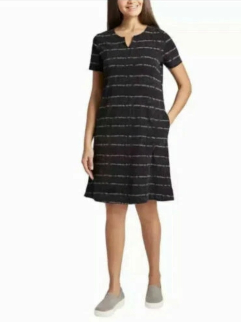 Ellen Tracy Black Striped Short-Sleeve A-Line Dress